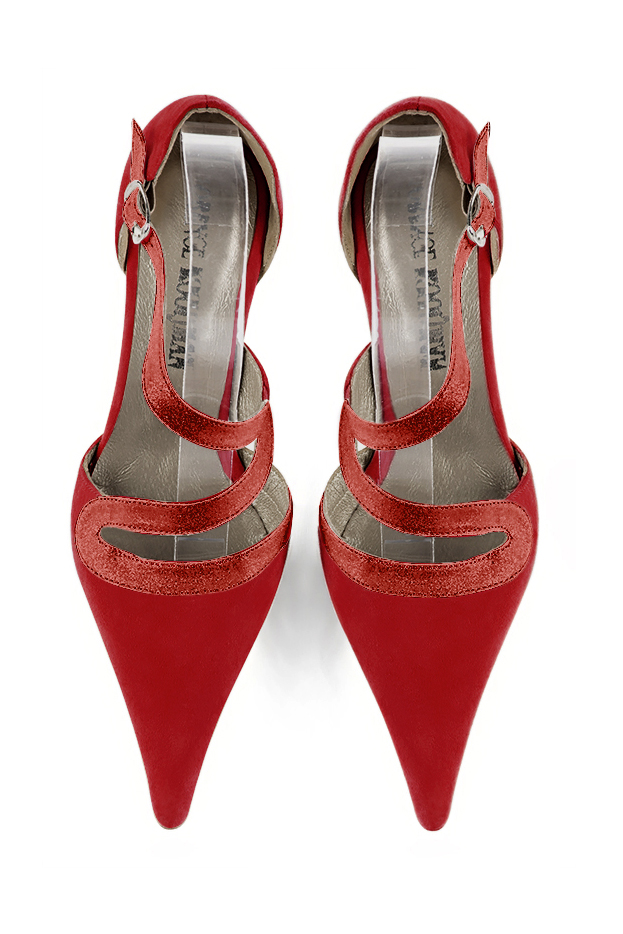 Women's cardinal red open side dress shoes, with snake-shaped straps. Pointed toe. High slim heel - Top view